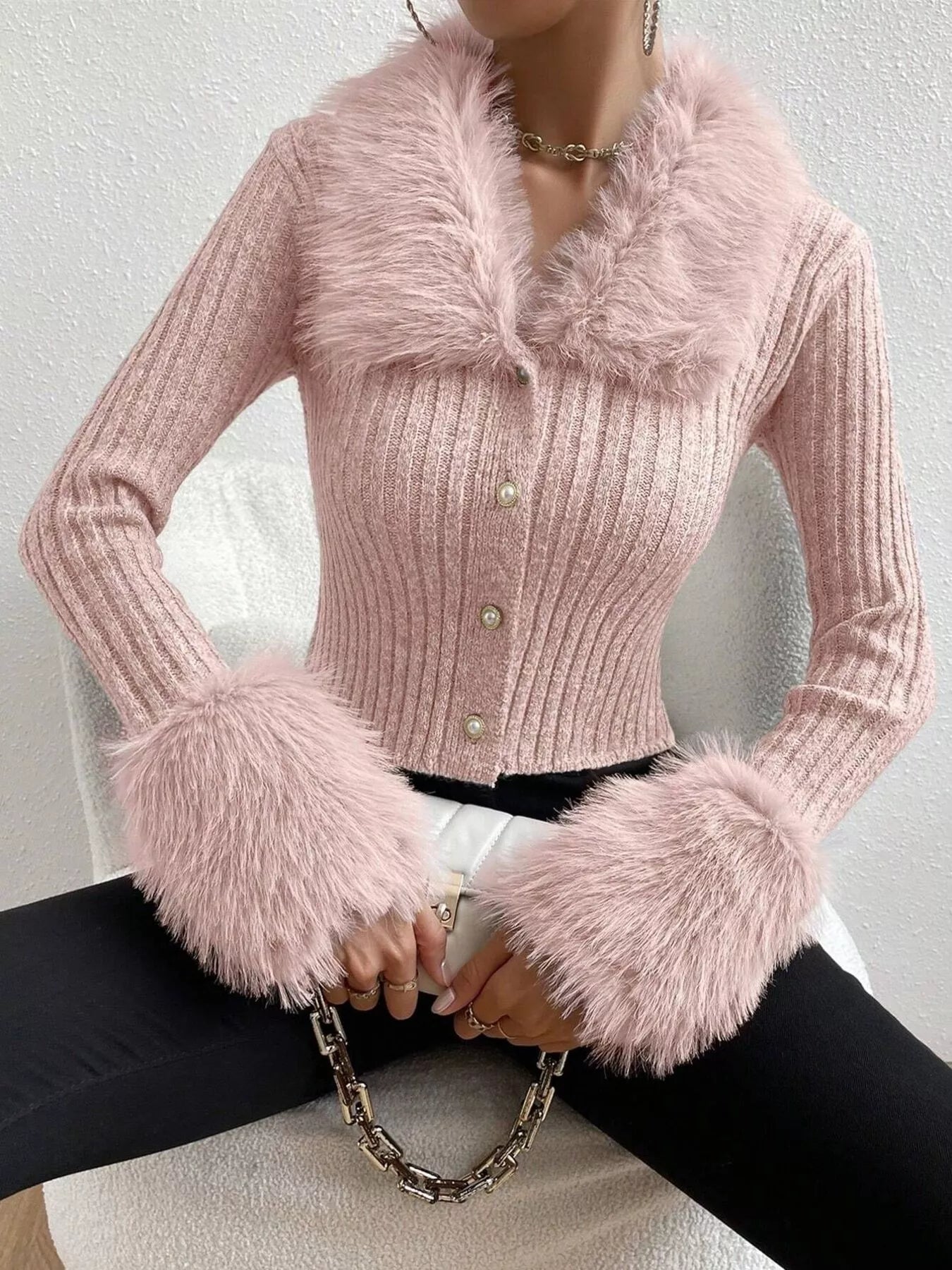 Faux Fur Trim Ribbed Knit Cropped Cardigan - Premium variable from Tooksie - Just $49.99! Shop now at Tooksie