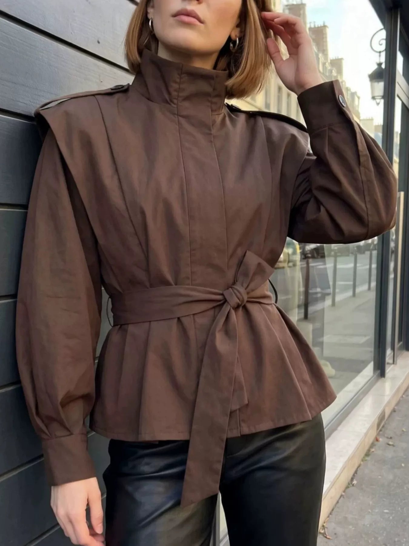Funnel Neck Epaulette Detail Jacket - Premium variable from Tooksie - Just $67.99! Shop now at Tooksie