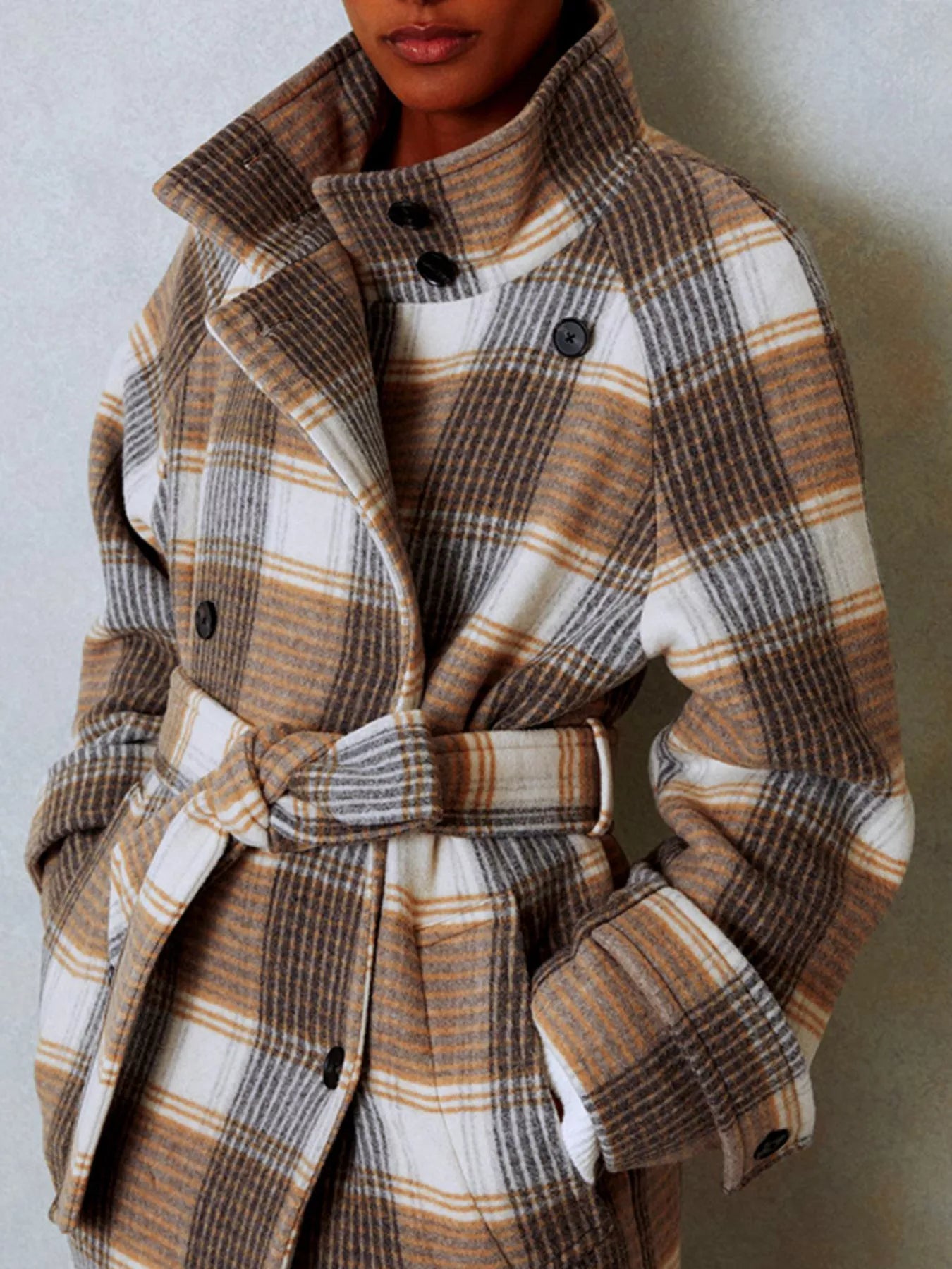Plaid Tie Waist Double-Breasted Coat - Premium variable from Tooksie - Just $87.99! Shop now at Tooksie