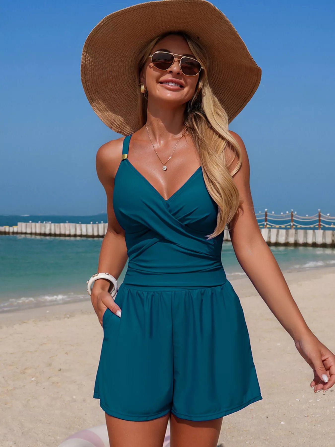 V-Neck Spaghetti Strap Swim Romper - Premium variable from Tooksie - Just $37.99! Shop now at Tooksie