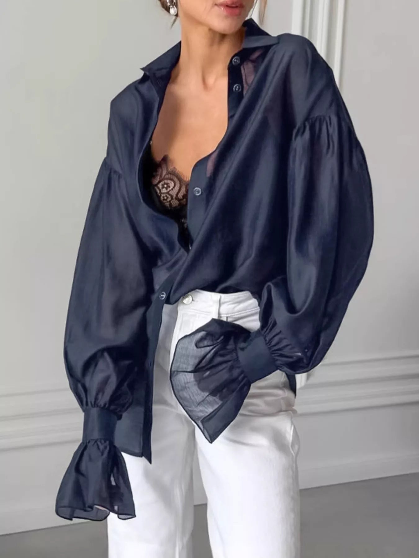 Button Up Flounce Sleeve Shirt - Premium variable from Tooksie - Just $41.99! Shop now at Tooksie