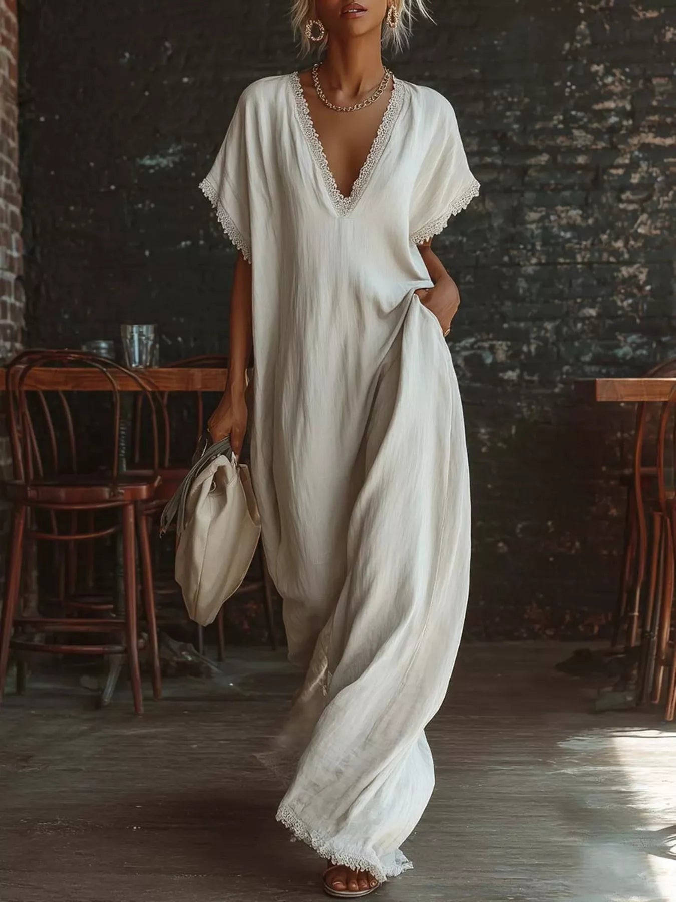 Lace Trim V-Neck Maxi Dress - Premium variable from Tooksie - Just $38.99! Shop now at Tooksie