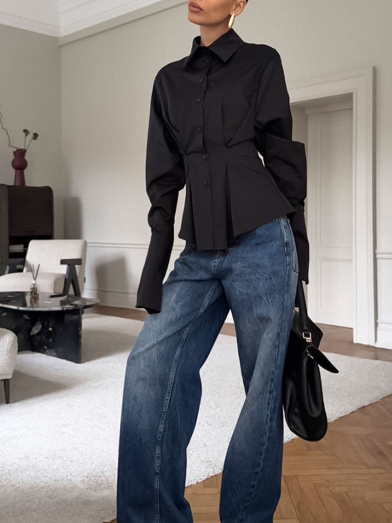 Button Up Cuff Detail Shirt - Premium variable from Tooksie - Just $46.99! Shop now at Tooksie