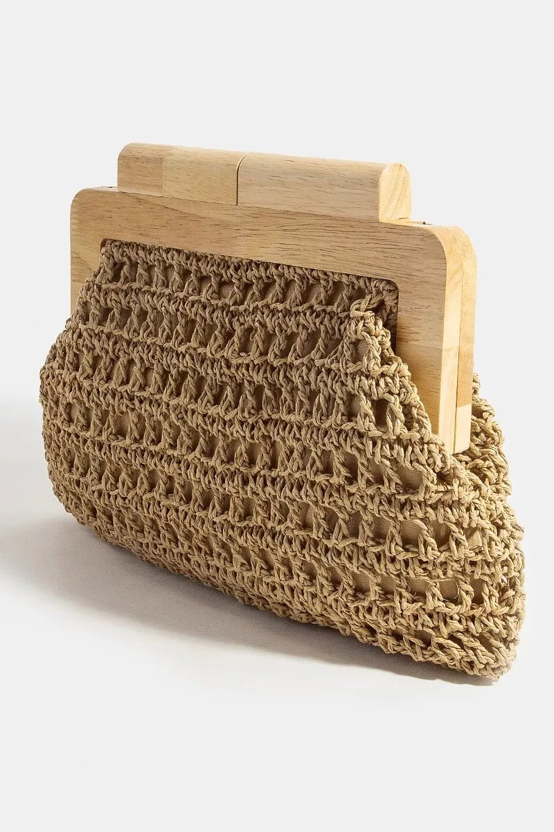 Straw Braided Wooden Top Frame Clutch Bag - Premium simple from Tooksie - Just $48.99! Shop now at Tooksie