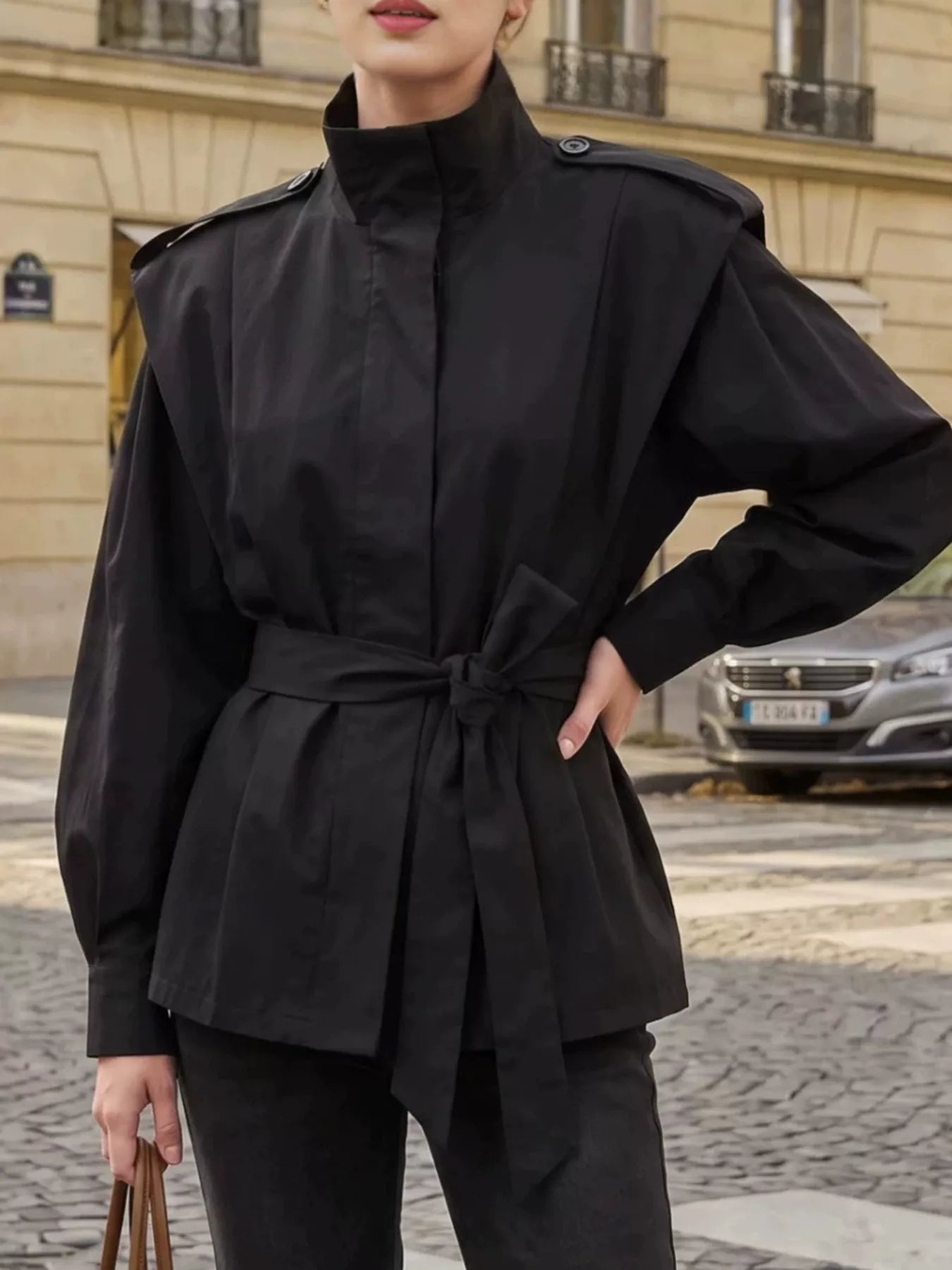 Funnel Neck Epaulette Detail Jacket - Premium variable from Tooksie - Just $67.99! Shop now at Tooksie