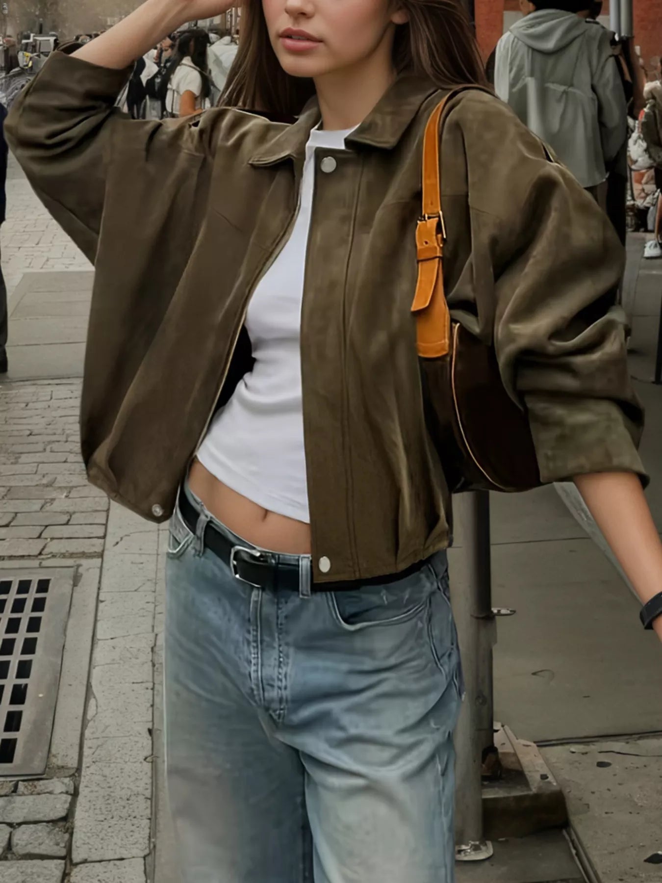 Suede Inspired Cropped Bomber Jacket - Premium variable from Tooksie - Just $65.99! Shop now at Tooksie