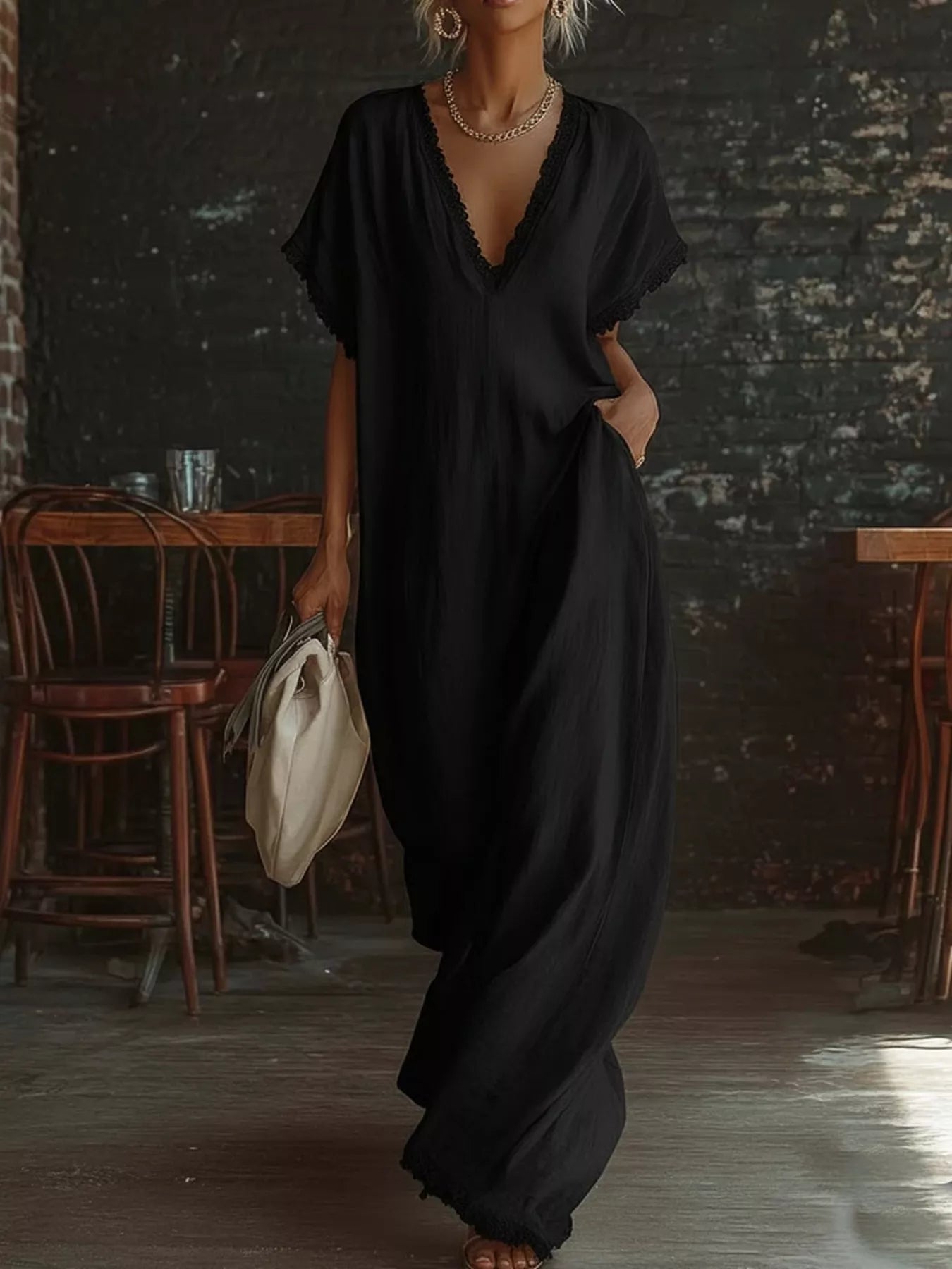 Lace Trim V-Neck Maxi Dress - Premium variable from Tooksie - Just $38.99! Shop now at Tooksie