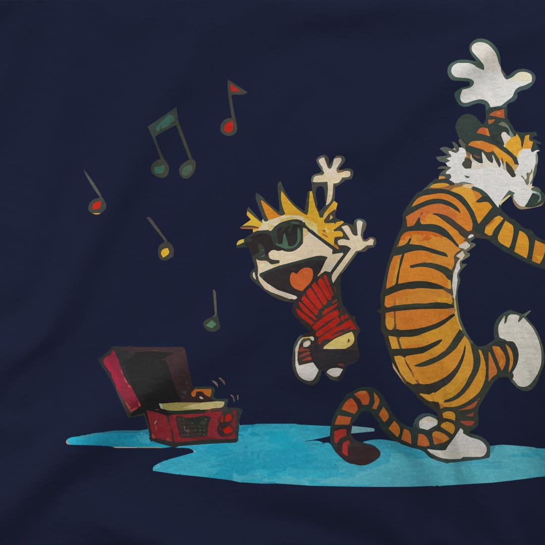 Calvin and Hobbes Dancing with Record Player Graphic Tee - Premium variable from Tooksie - Just $22.99! Shop now at Tooksie