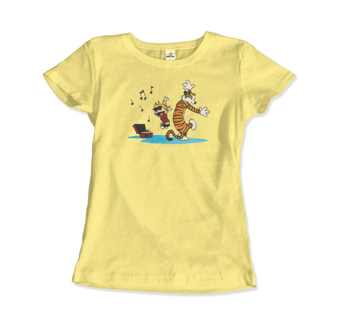 Calvin and Hobbes Dancing with Record Player Graphic Tee - Premium variable from Tooksie - Just $22.99! Shop now at Tooksie