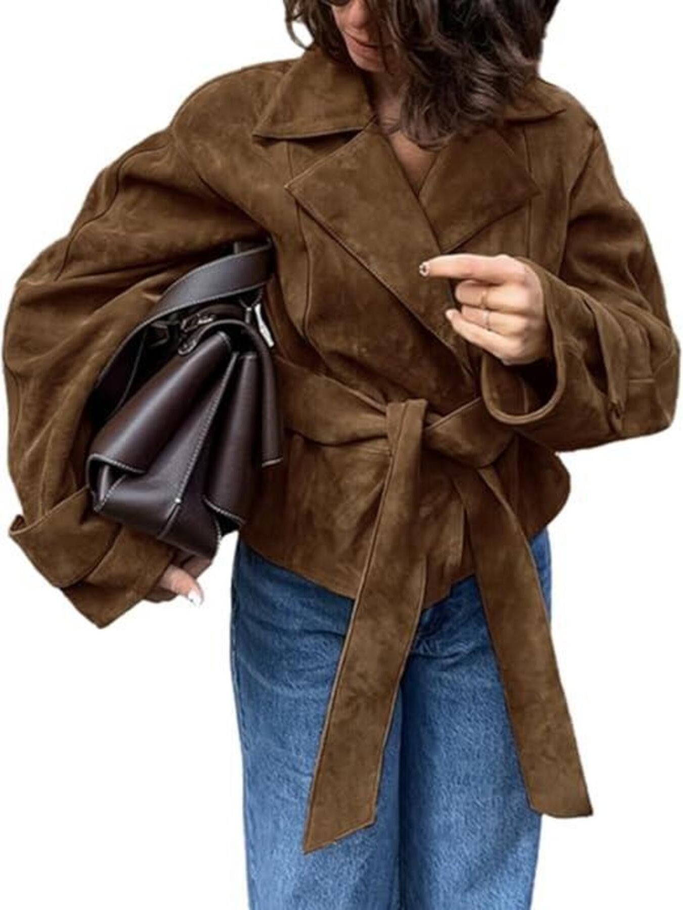 Faux Suede Tie Waist Jacket - Premium variable from Tooksie - Just $86.99! Shop now at Tooksie