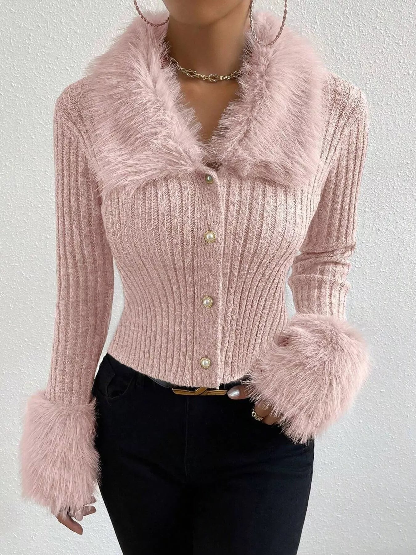 Faux Fur Trim Ribbed Knit Cropped Cardigan - Premium variable from Tooksie - Just $49.99! Shop now at Tooksie
