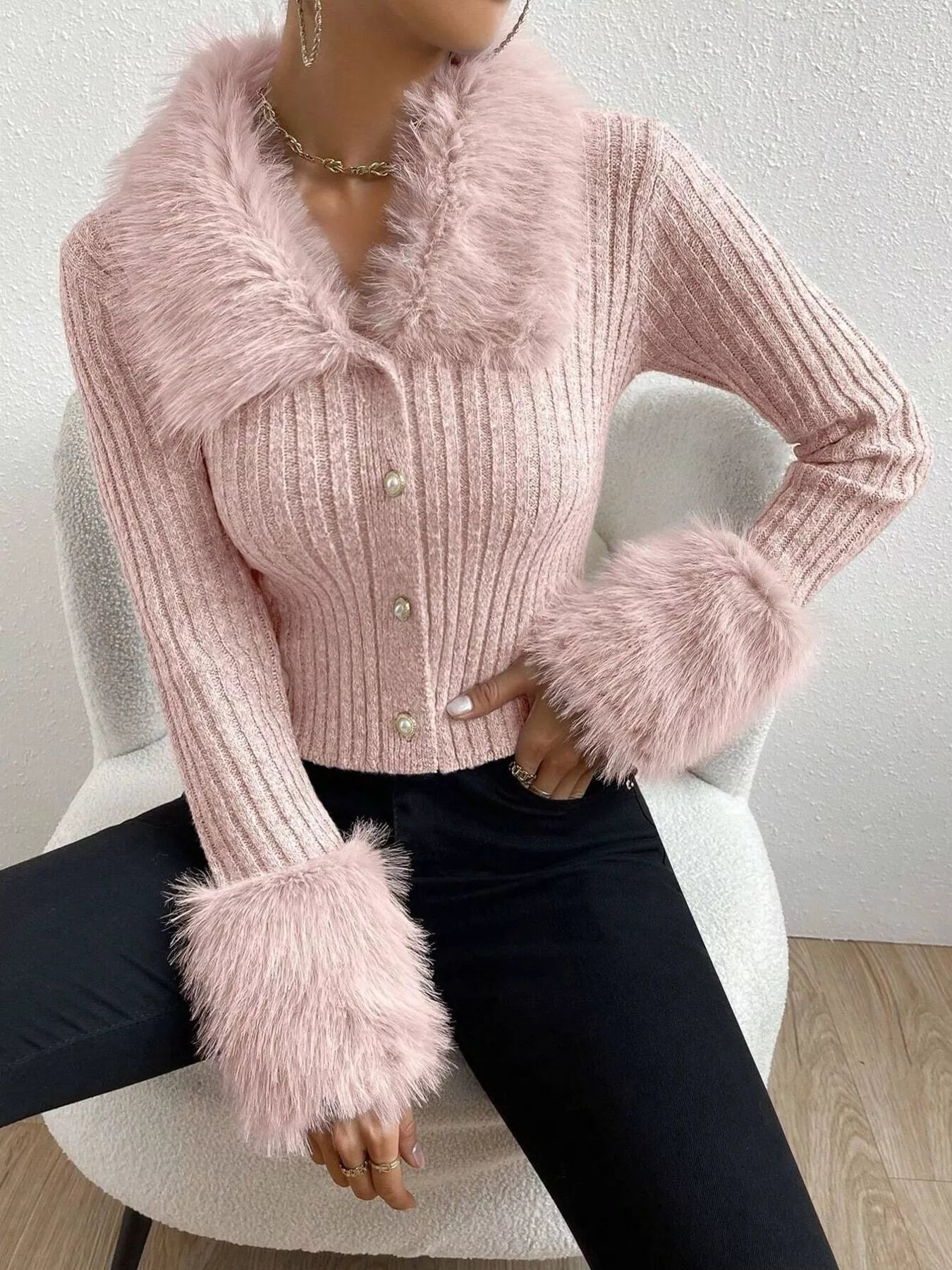 Faux Fur Trim Ribbed Knit Cropped Cardigan - Premium variable from Tooksie - Just $49.99! Shop now at Tooksie