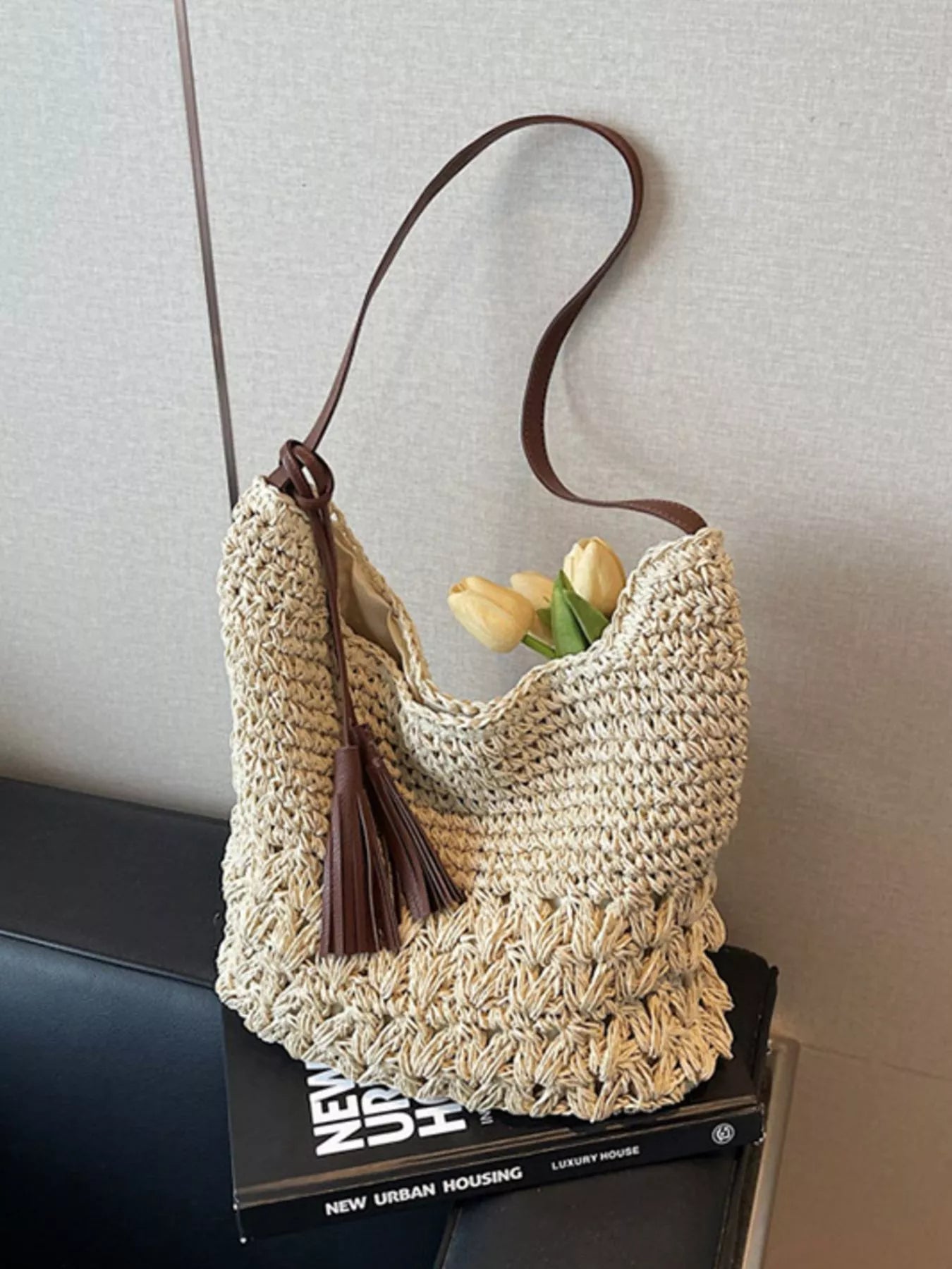 Woven Straw Shoulder Bag with Tassels - Premium simple from Tooksie - Just $34.99! Shop now at Tooksie