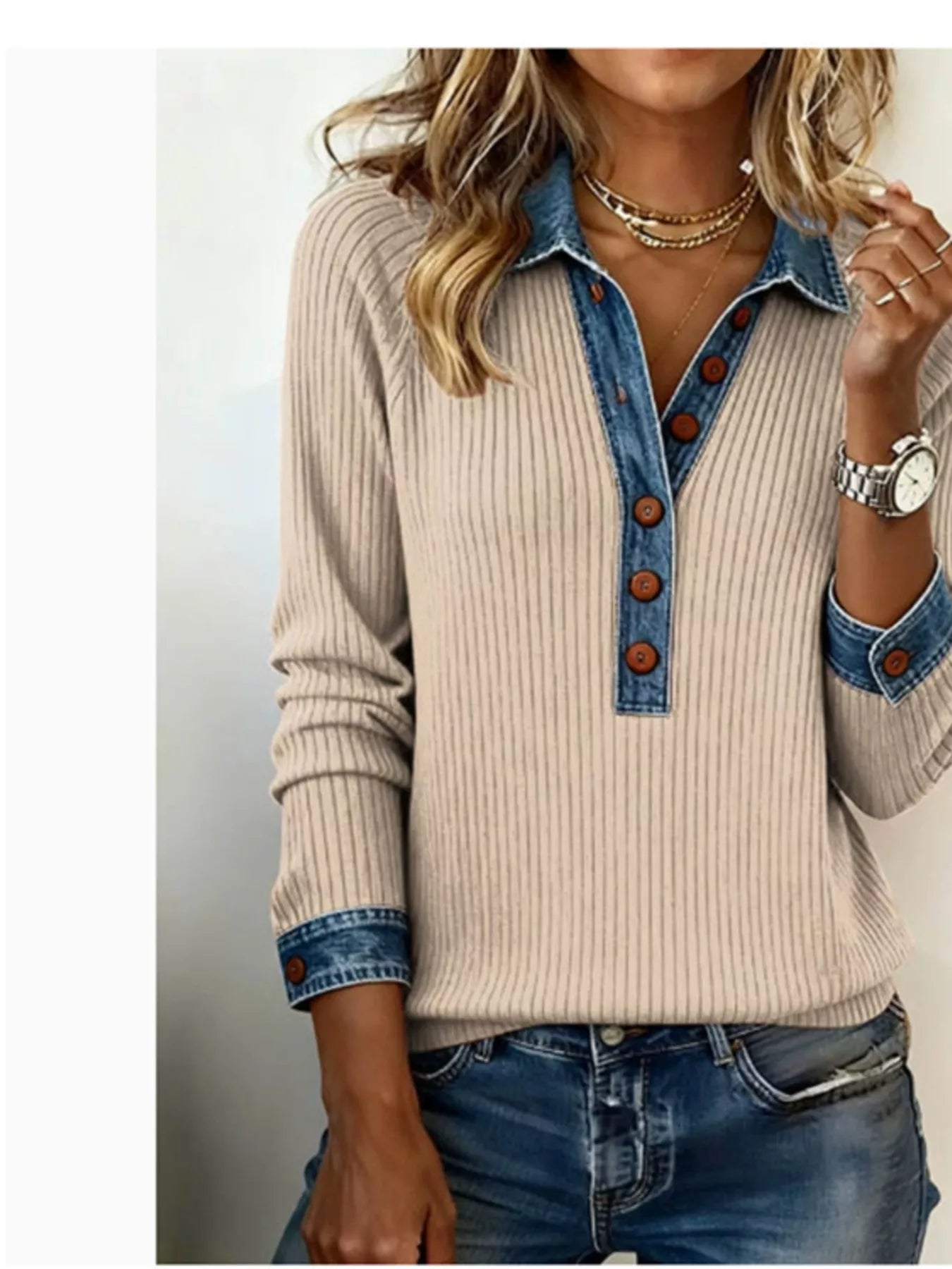 Denim Trim Button Front Ribbed Knit Top - Premium variable from Tooksie - Just $40.99! Shop now at Tooksie