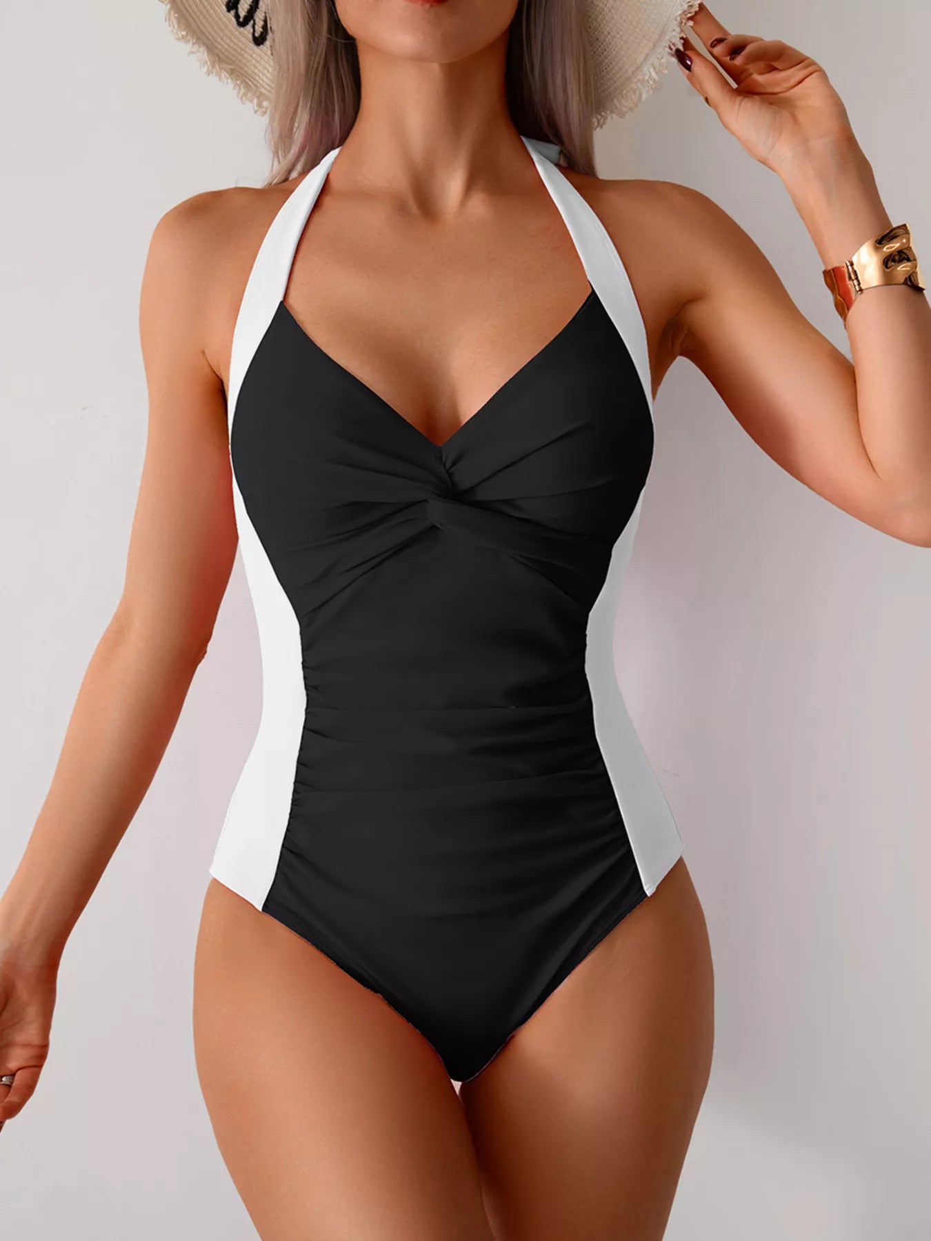 Twisted Front Halter Neck Ruched Swimsuit - Premium variable from Tooksie - Just $29.99! Shop now at Tooksie