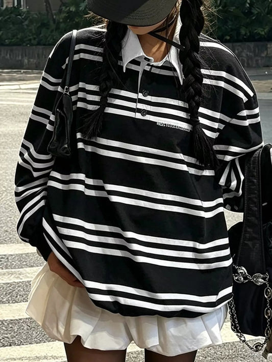 Black & White Striped Oversized Rugby Shirt - Premium variable from Tooksie - Just $41.99! Shop now at Tooksie