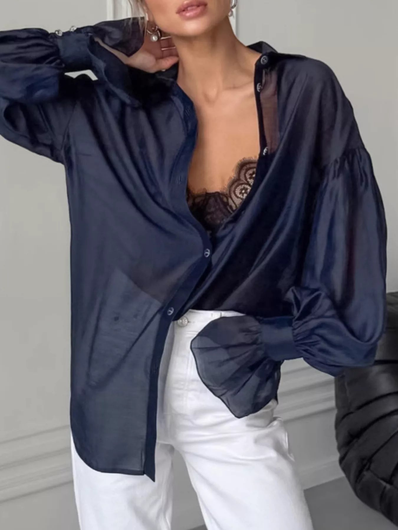 Button Up Flounce Sleeve Shirt - Premium variable from Tooksie - Just $41.99! Shop now at Tooksie