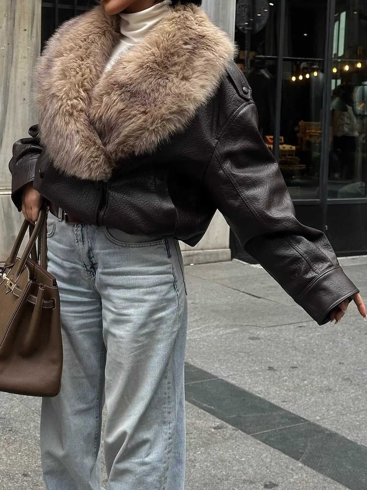Faux Fur Collar Bomber Jacket - Premium variable from Tooksie - Just $105.99! Shop now at Tooksie