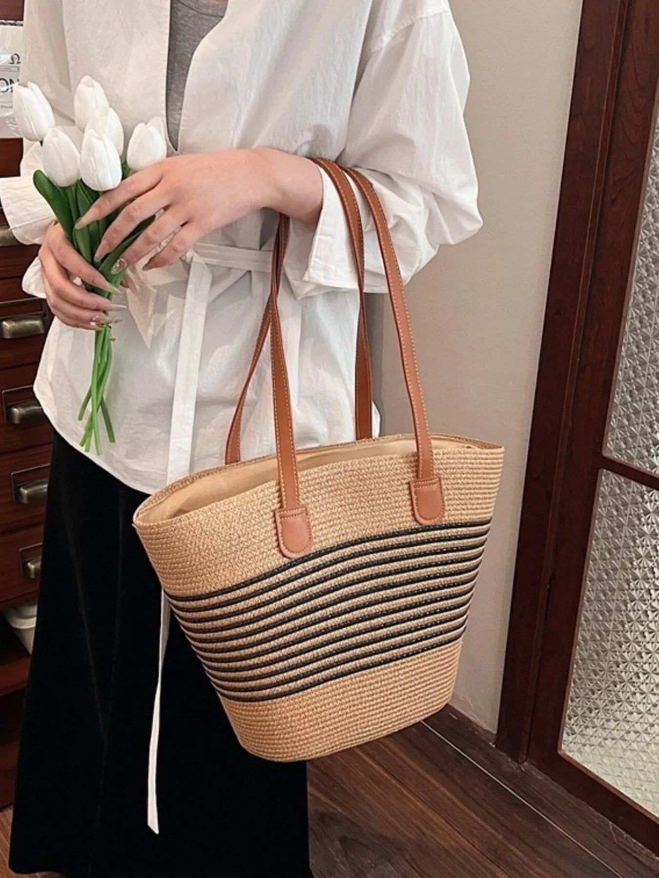 Striped Woven Straw Shoulder Bag - Premium simple from Tooksie - Just $33.99! Shop now at Tooksie