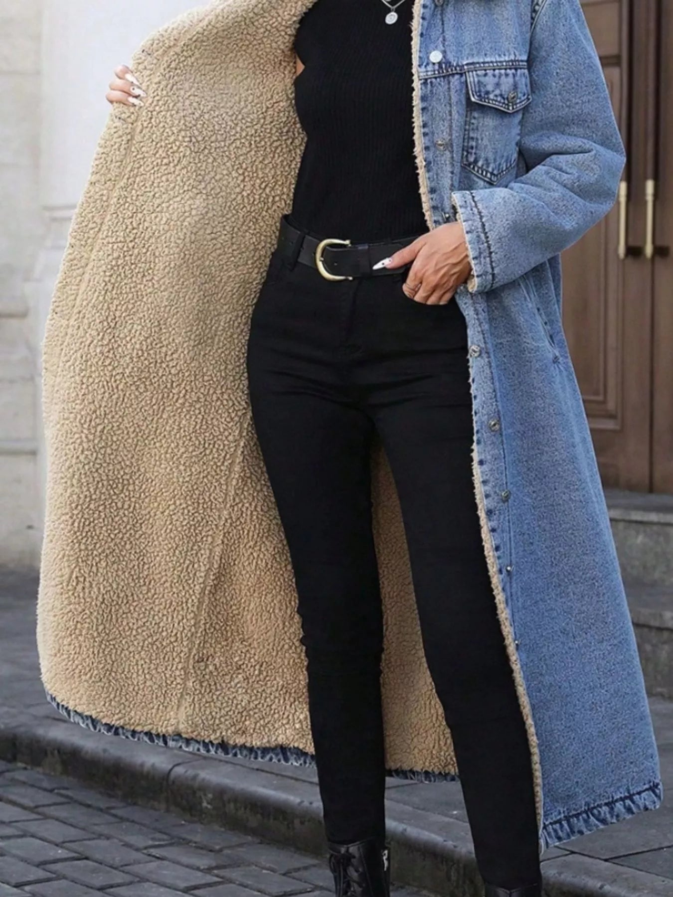 Sherpa Lined Longline Denim Jacket - Premium variable from Tooksie - Just $118.99! Shop now at Tooksie