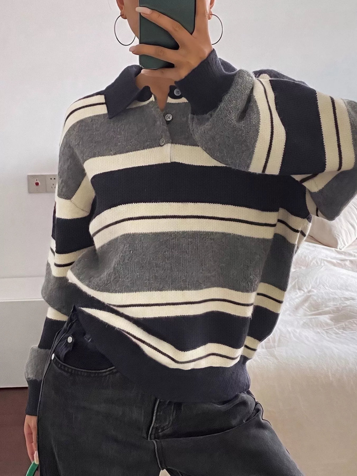 Striped Long Sleeve Button Detail Polo Sweater - Premium variable from Tooksie - Just $41.99! Shop now at Tooksie