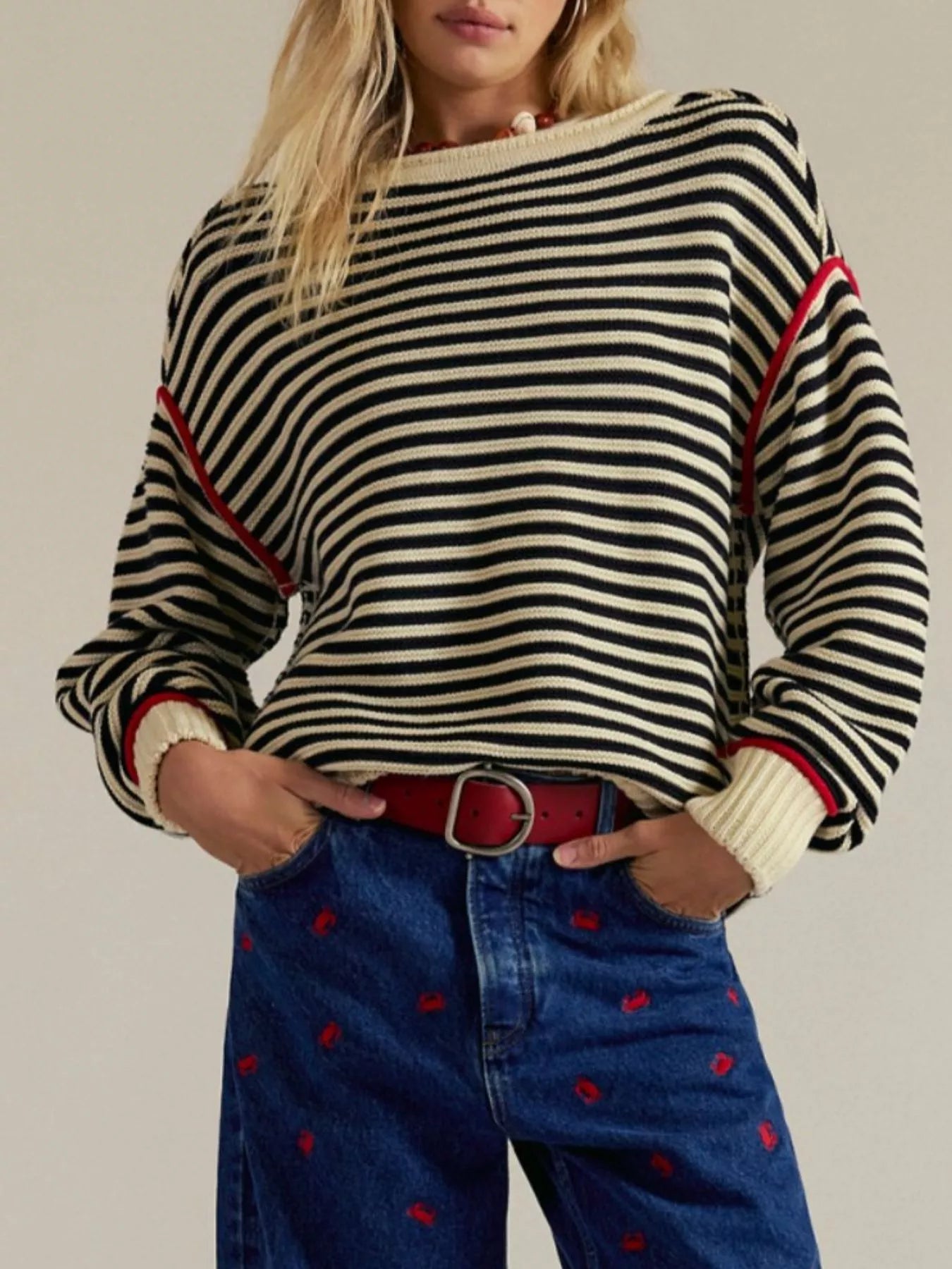Striped Crew Neck Sweater - Premium variable from Tooksie - Just $43.99! Shop now at Tooksie