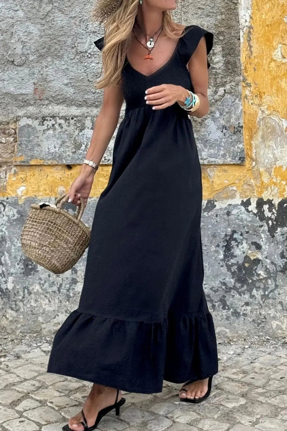 V Neck Ruffled Cap Sleeve Smocked Maxi Dress - Premium variable from Tooksie - Just $54.99! Shop now at Tooksie