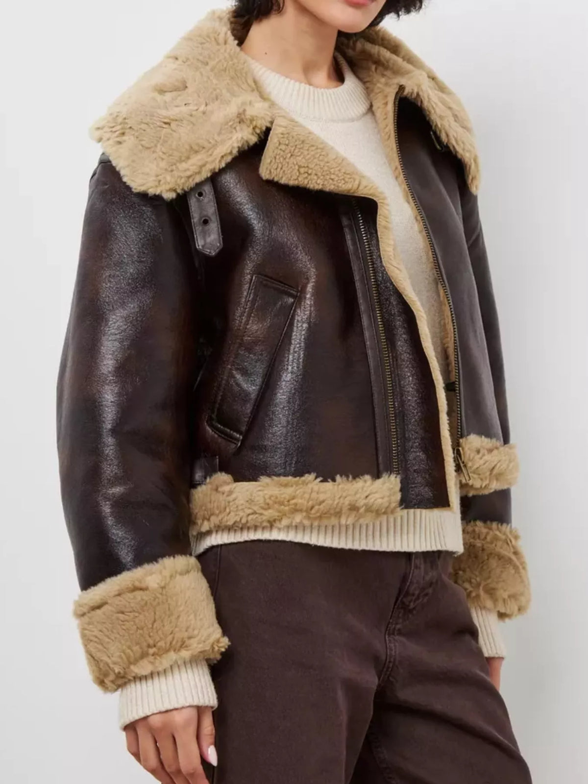 Faux Leather Aviator Jacket with Shearling Trim - Premium variable from Tooksie - Just $120.99! Shop now at Tooksie