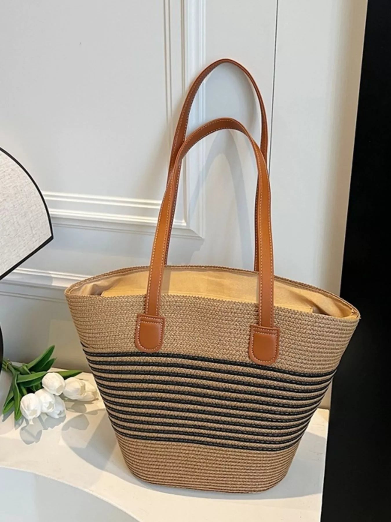 Striped Woven Straw Shoulder Bag - Premium simple from Tooksie - Just $33.99! Shop now at Tooksie