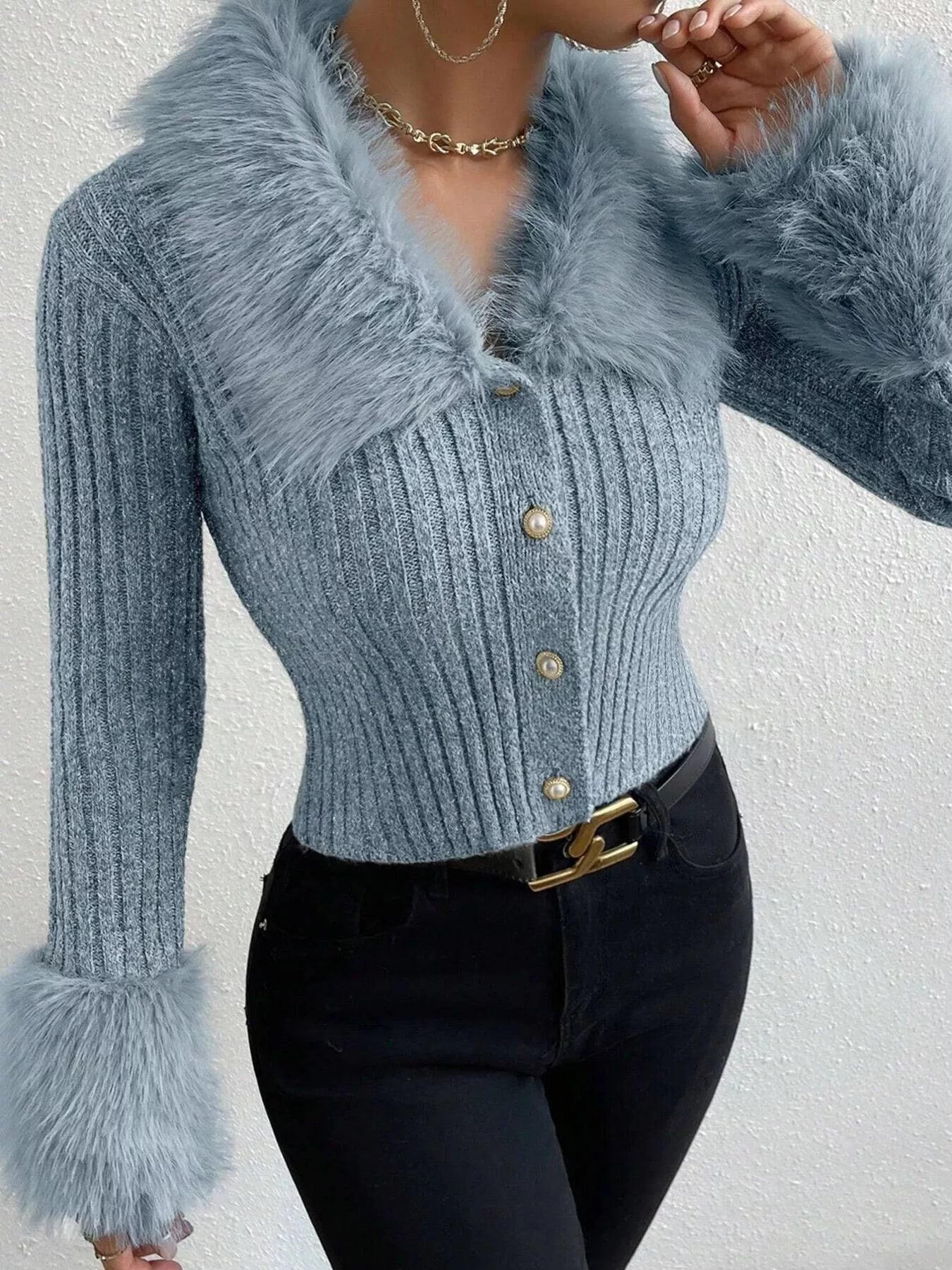 Faux Fur Trim Ribbed Knit Cropped Cardigan - Premium variable from Tooksie - Just $49.99! Shop now at Tooksie