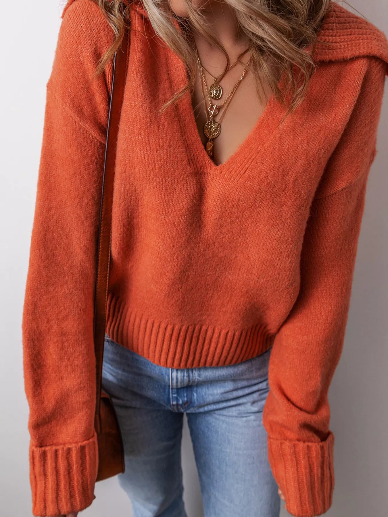 Collared V Neck Ribbed Edge Sweater - Premium variable from Tooksie - Just $44.99! Shop now at Tooksie