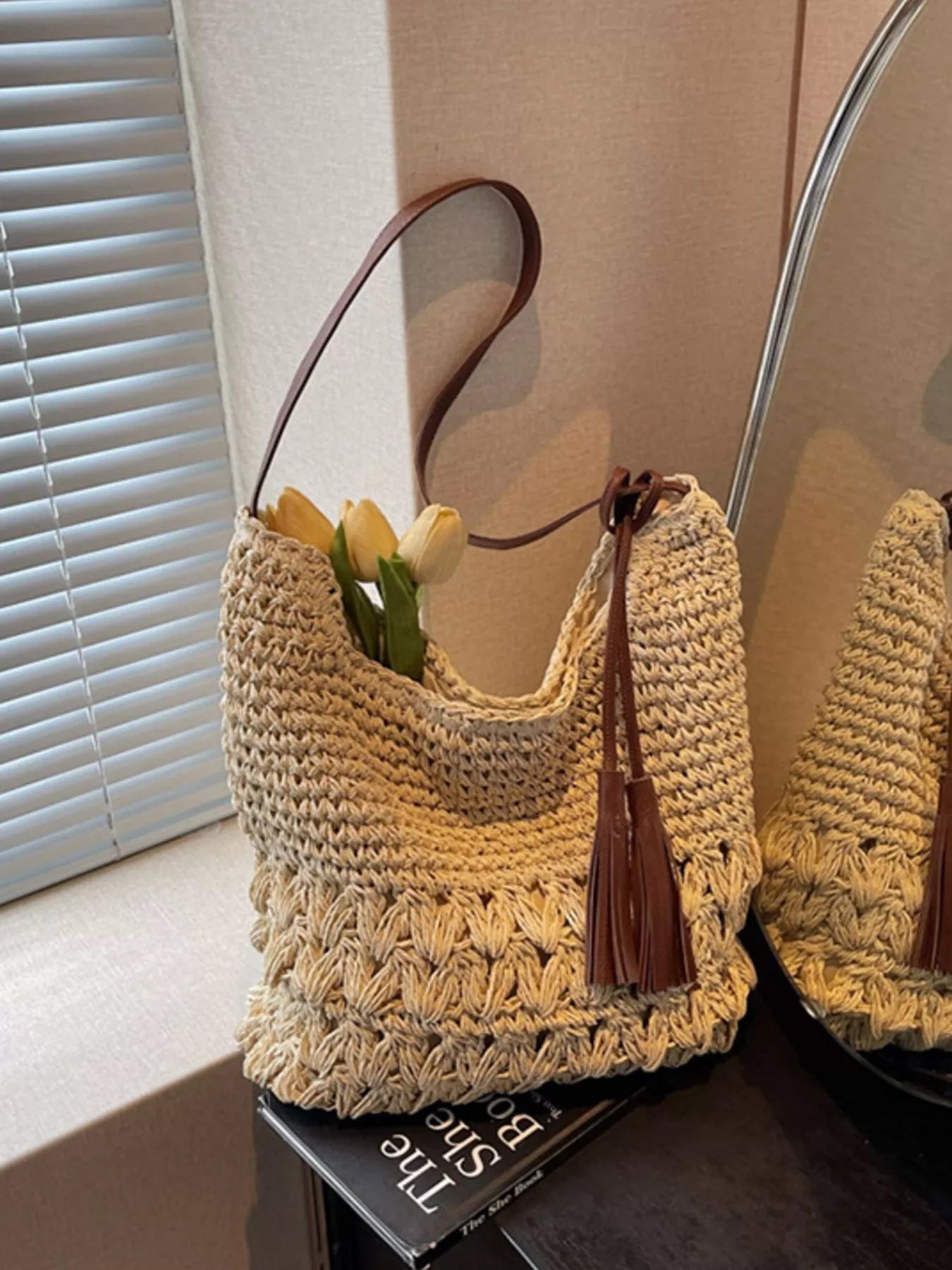 Woven Straw Shoulder Bag with Tassels - Premium simple from Tooksie - Just $34.99! Shop now at Tooksie