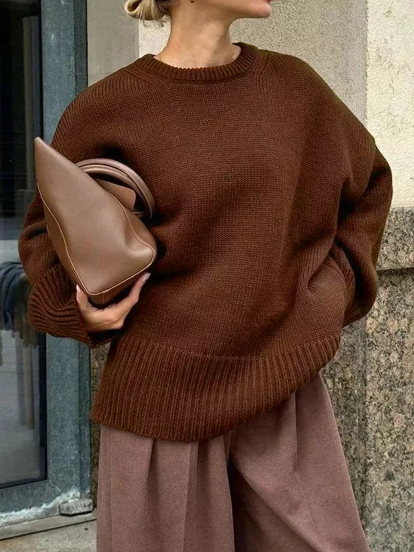 Ribbed Hem Crew Neck Sweater - Premium variable from Tooksie - Just $36.99! Shop now at Tooksie
