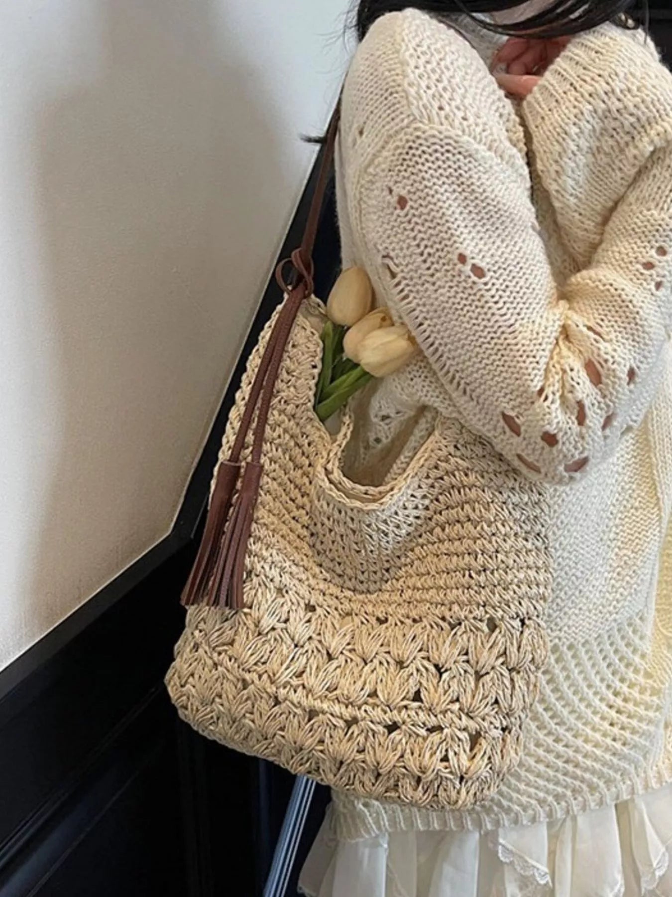 Woven Straw Shoulder Bag with Tassels - Premium simple from Tooksie - Just $34.99! Shop now at Tooksie