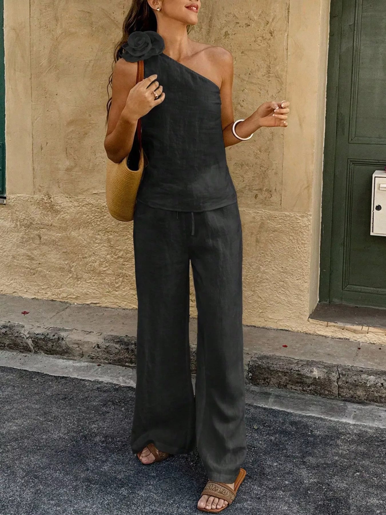 One-Shoulder Floral Embellished Top and Trouser Set - Premium variable from Tooksie - Just $46.99! Shop now at Tooksie