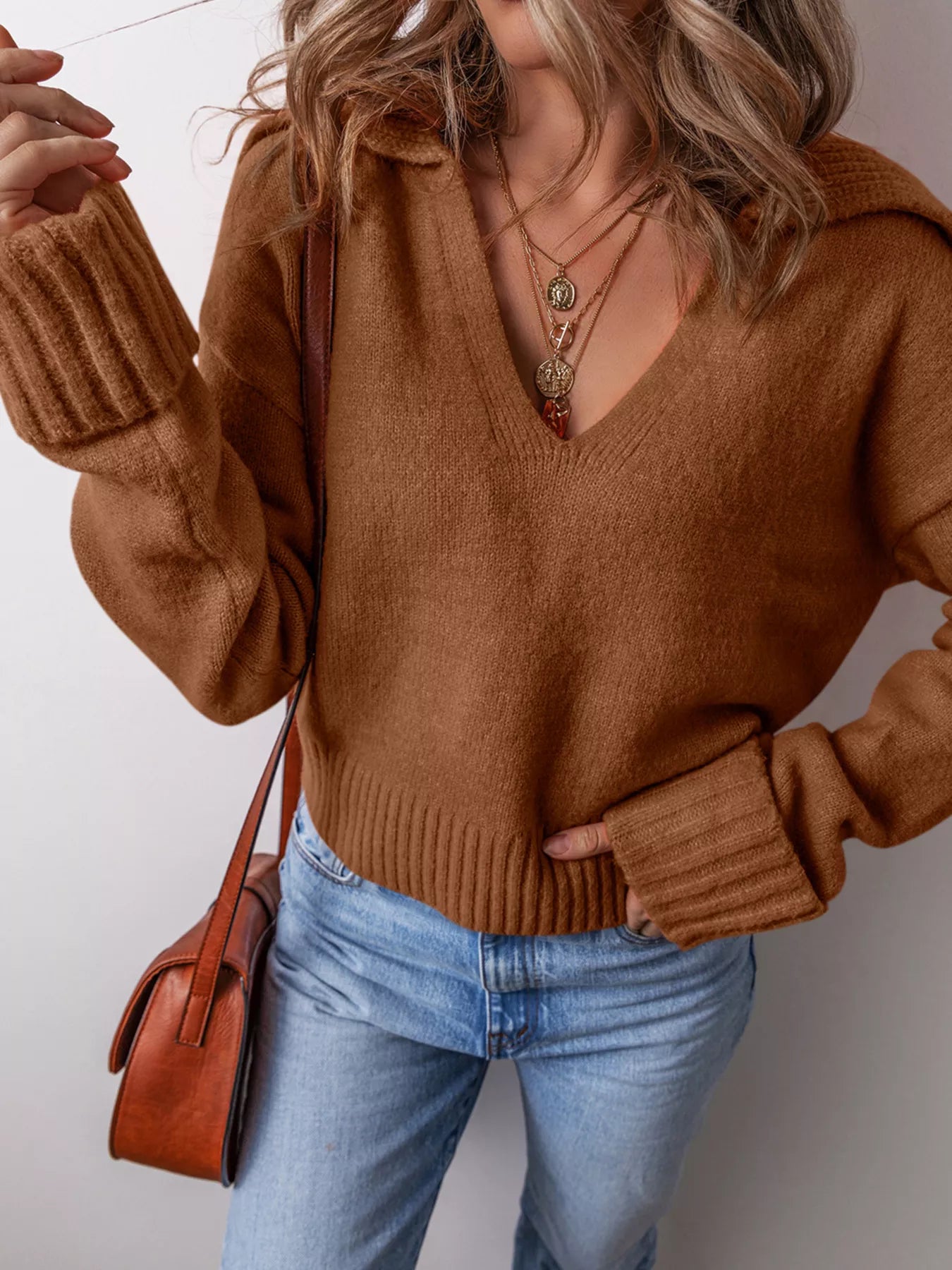 Collared V Neck Ribbed Edge Sweater - Premium variable from Tooksie - Just $44.99! Shop now at Tooksie
