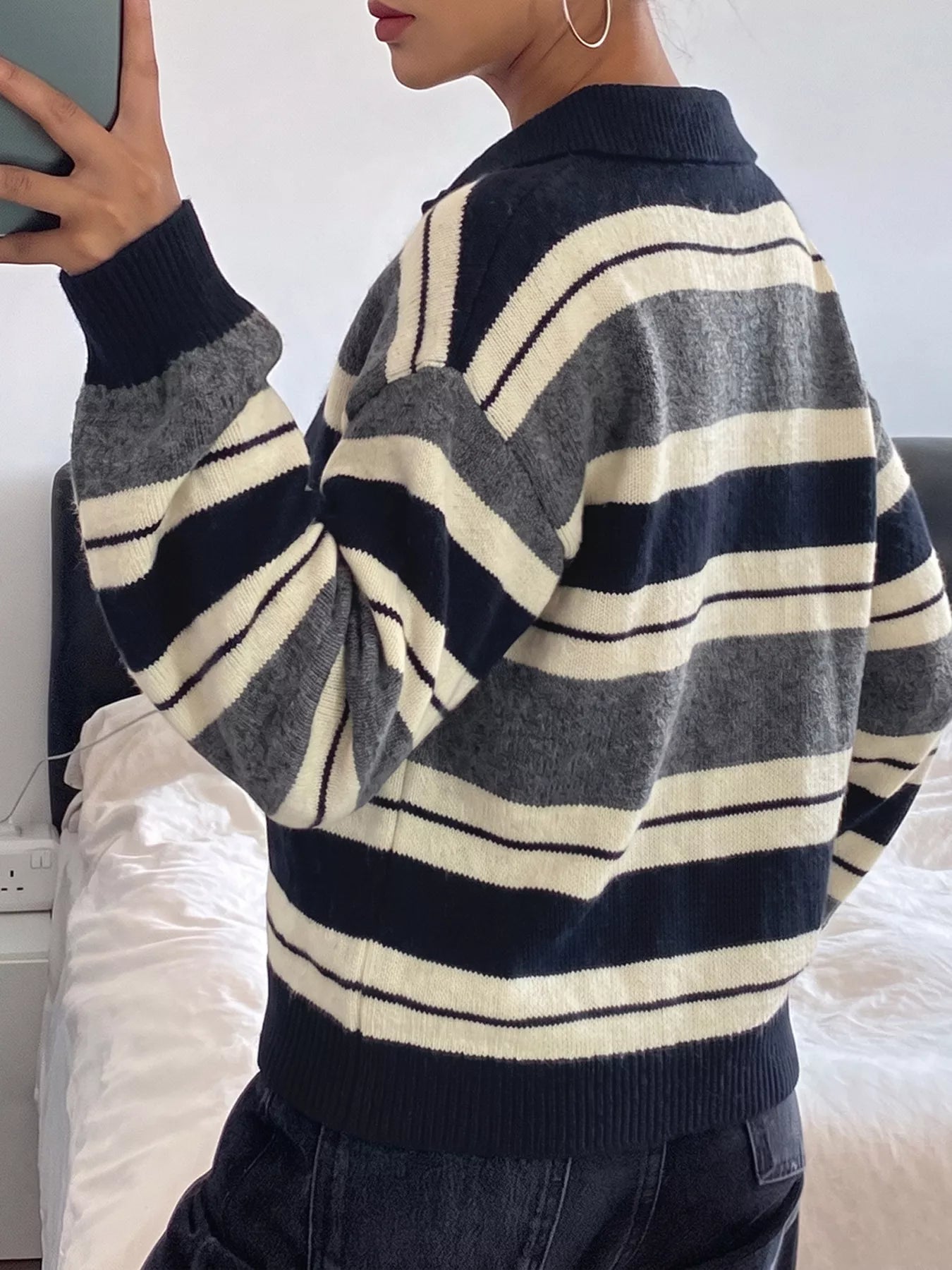 Striped Long Sleeve Button Detail Polo Sweater - Premium variable from Tooksie - Just $41.99! Shop now at Tooksie