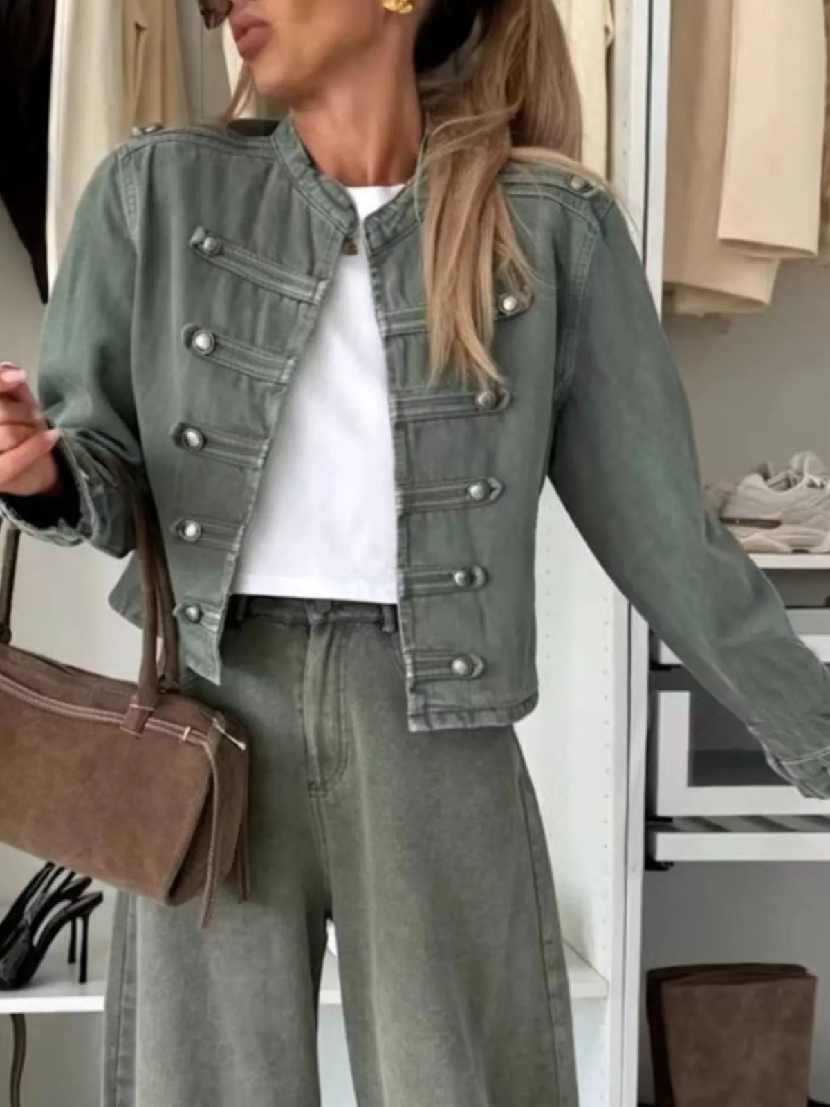 Cropped Denim Military Inspired Jacket - Premium variable from Tooksie - Just $77.99! Shop now at Tooksie