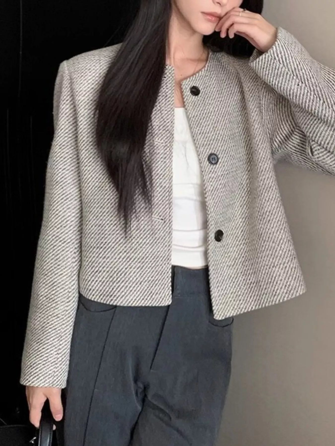 Button Up Tweed Cropped Jacket - Premium variable from Tooksie - Just $38.99! Shop now at Tooksie
