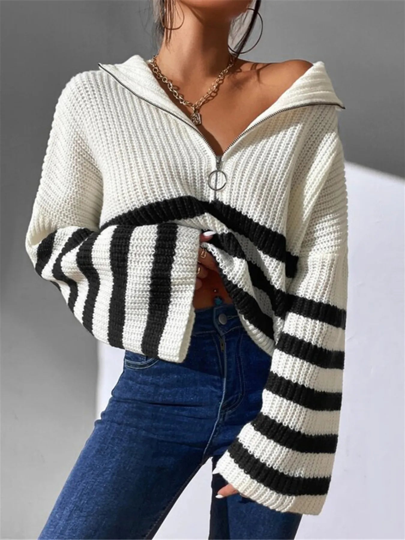 Striped Half Zip Cropped Sweater - Premium variable from Tooksie - Just $39.99! Shop now at Tooksie