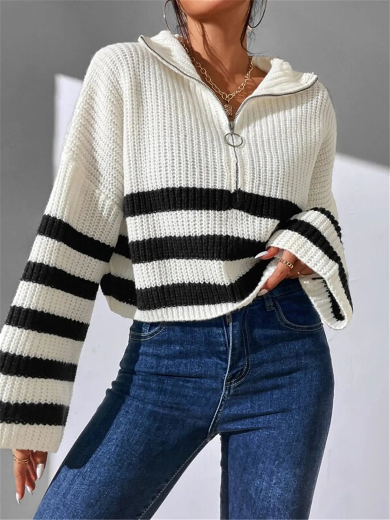 Striped Half Zip Cropped Sweater - Premium variable from Tooksie - Just $39.99! Shop now at Tooksie