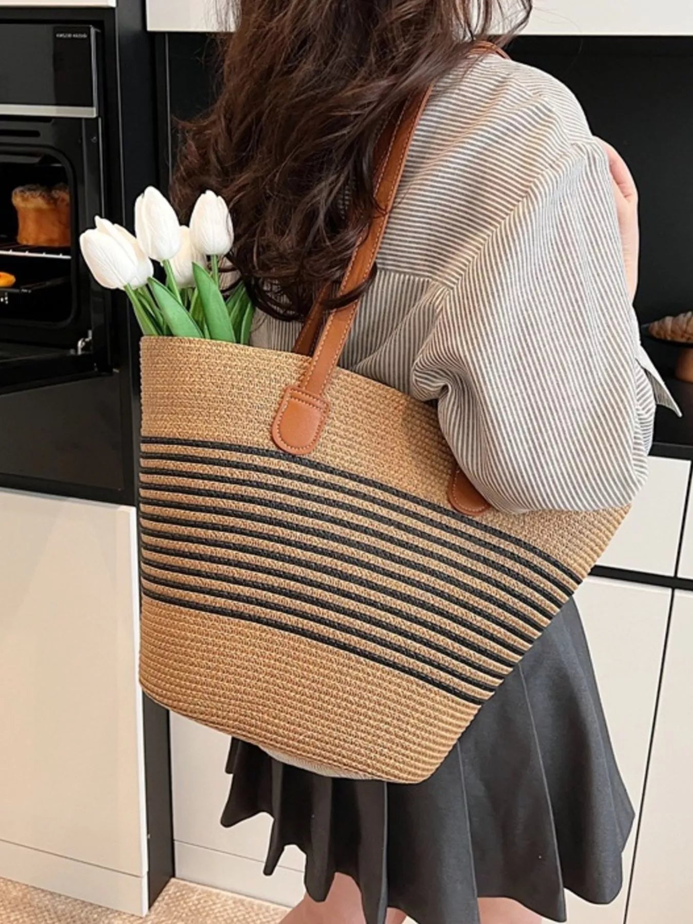 Striped Woven Straw Shoulder Bag - Premium simple from Tooksie - Just $33.99! Shop now at Tooksie