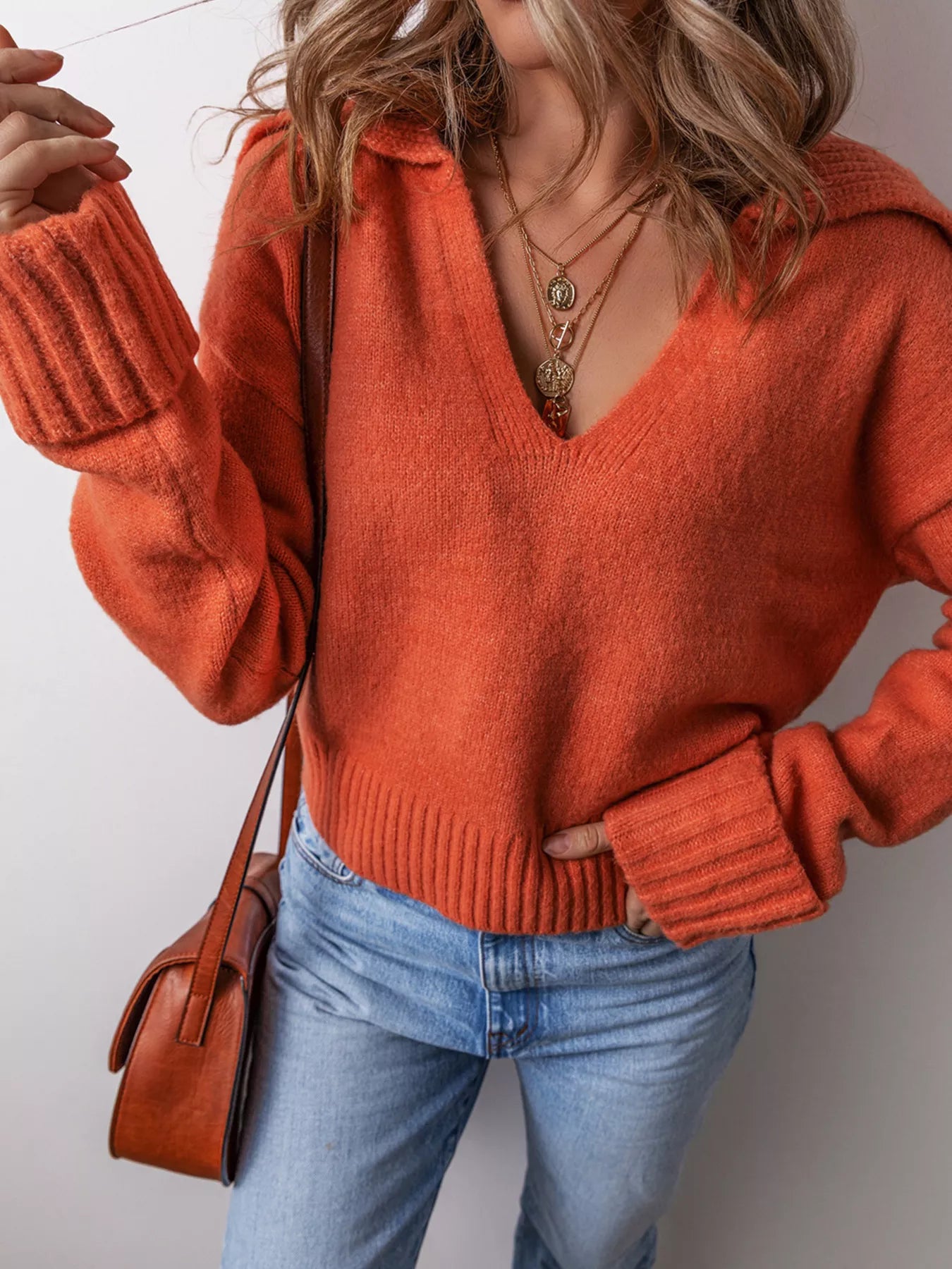 Collared V Neck Ribbed Edge Sweater - Premium variable from Tooksie - Just $44.99! Shop now at Tooksie