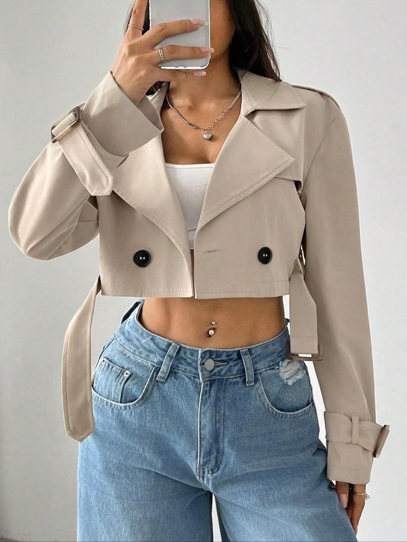 Double-Breasted Cropped Trench Coat - Premium variable from Tooksie - Just $47.99! Shop now at Tooksie