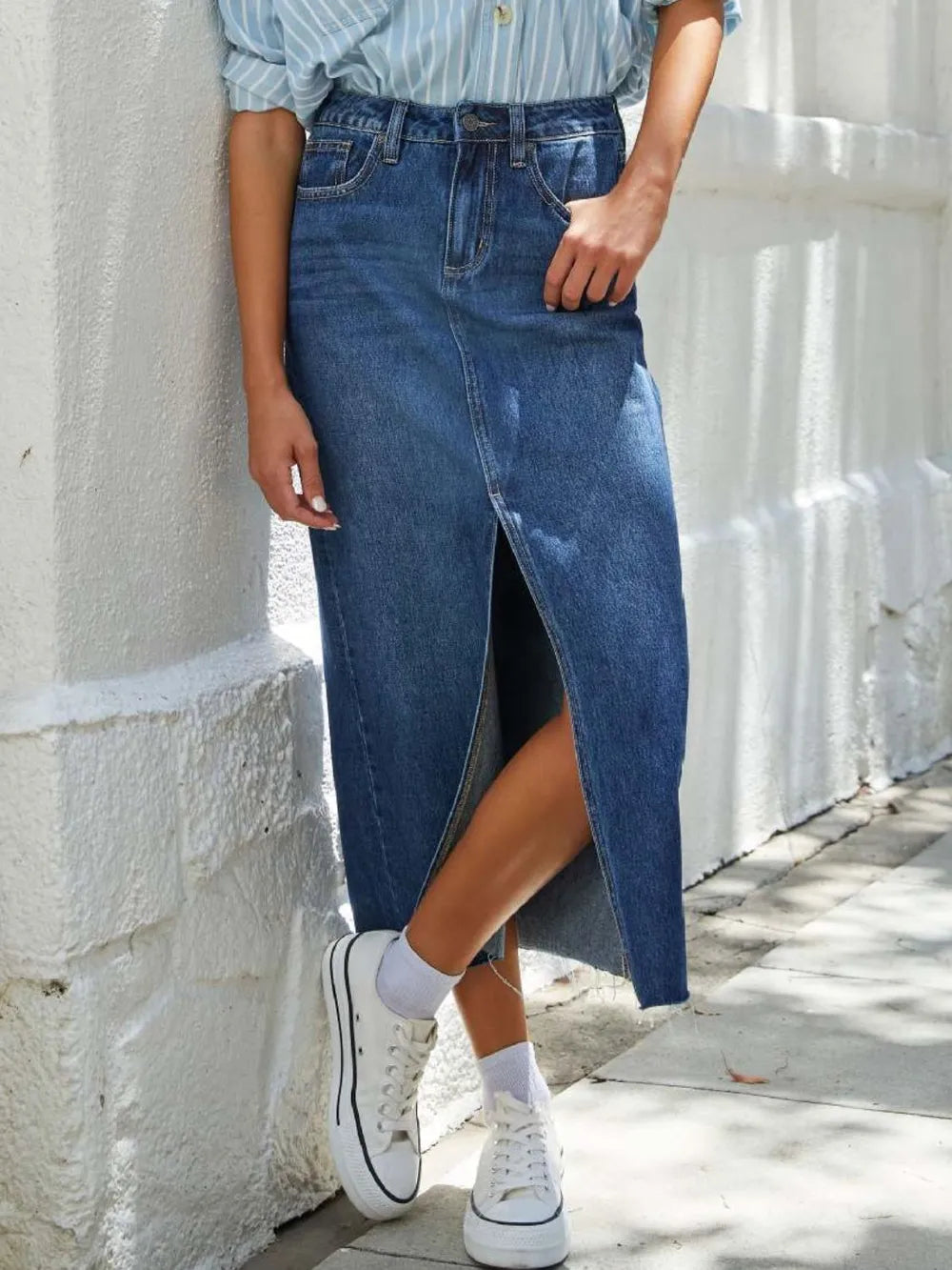 Raw Hem Front Slit Denim Midi Skirt - Premium variable from Tooksie - Just $34.99! Shop now at Tooksie