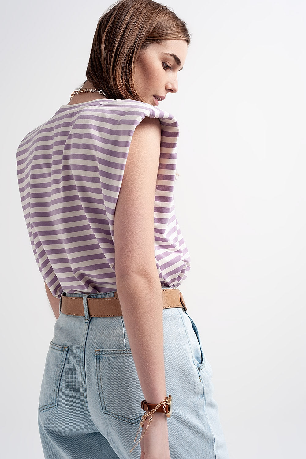 Purple Striped V-Neck Sleeveless Top