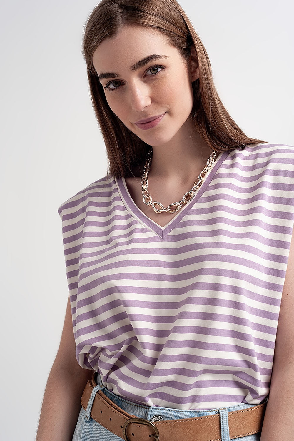 Purple Striped V-Neck Sleeveless Top