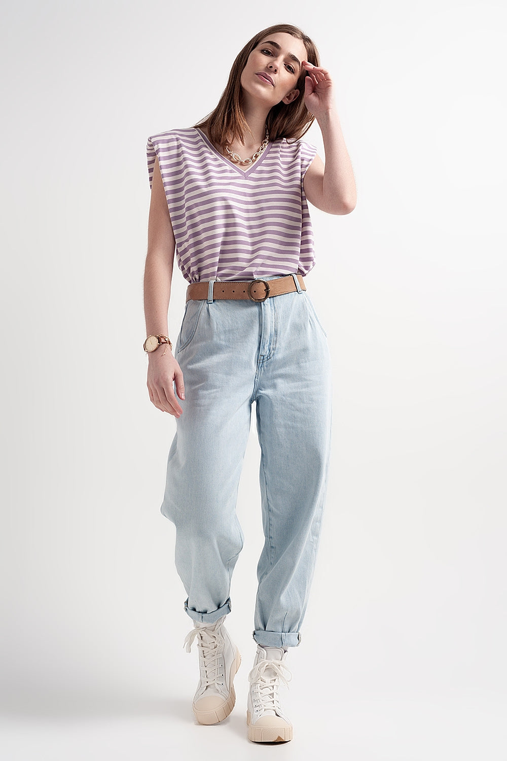 Purple Striped V-Neck Sleeveless Top