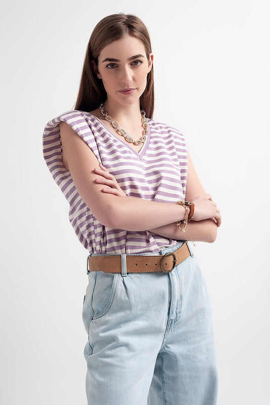 Purple Striped V-Neck Sleeveless Top